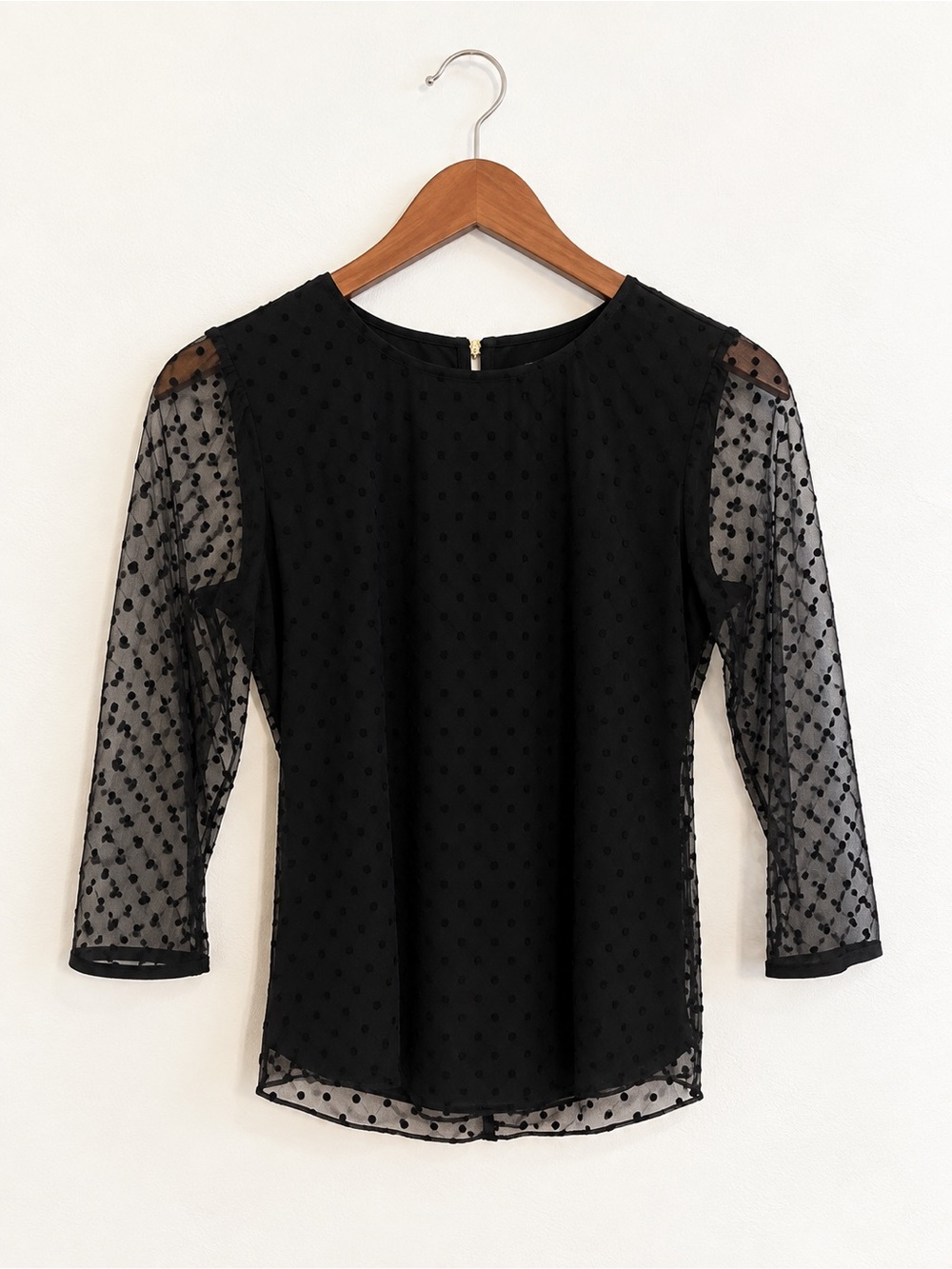 Ann Taylor Black Sheer Sleeve Polka Dot 3/4 Sleeve Top Size XS EUC